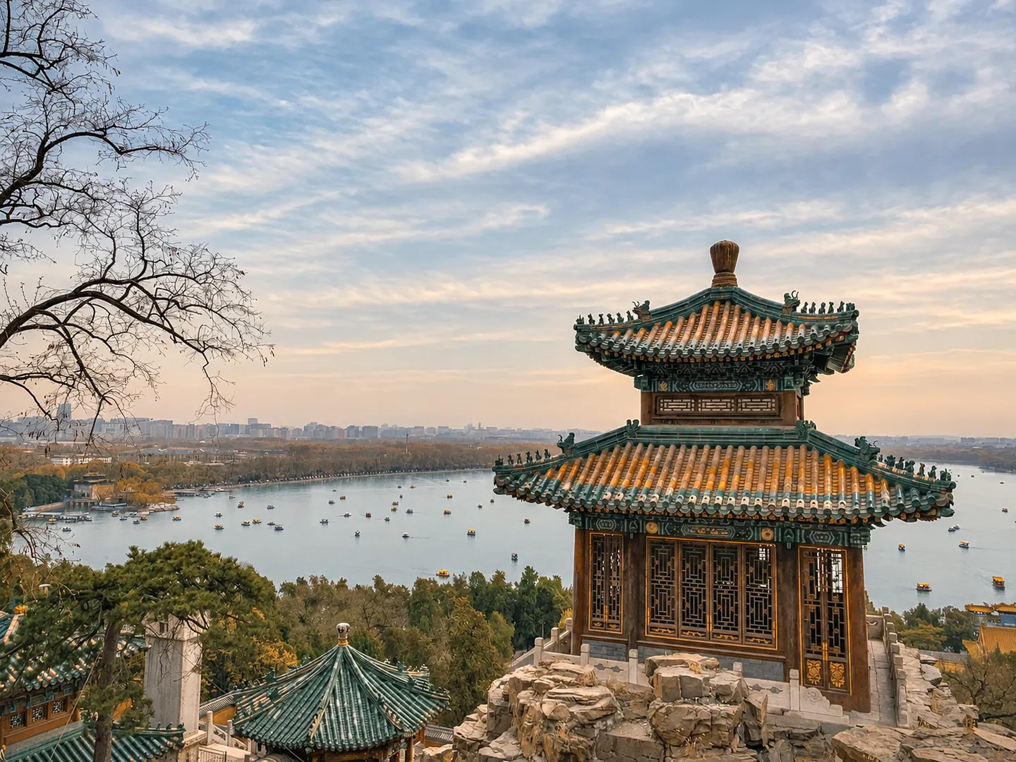 Summer Palace pavilion beside Kunming Lake, with a boat under an overcast sky
