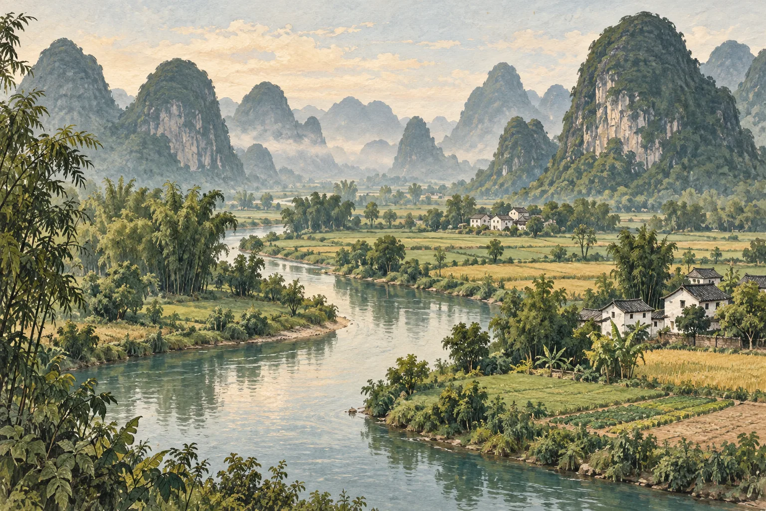 illustration of karst hills, a river and cultivated fields in a Yangshuo Yulong Valley-inspired landscape