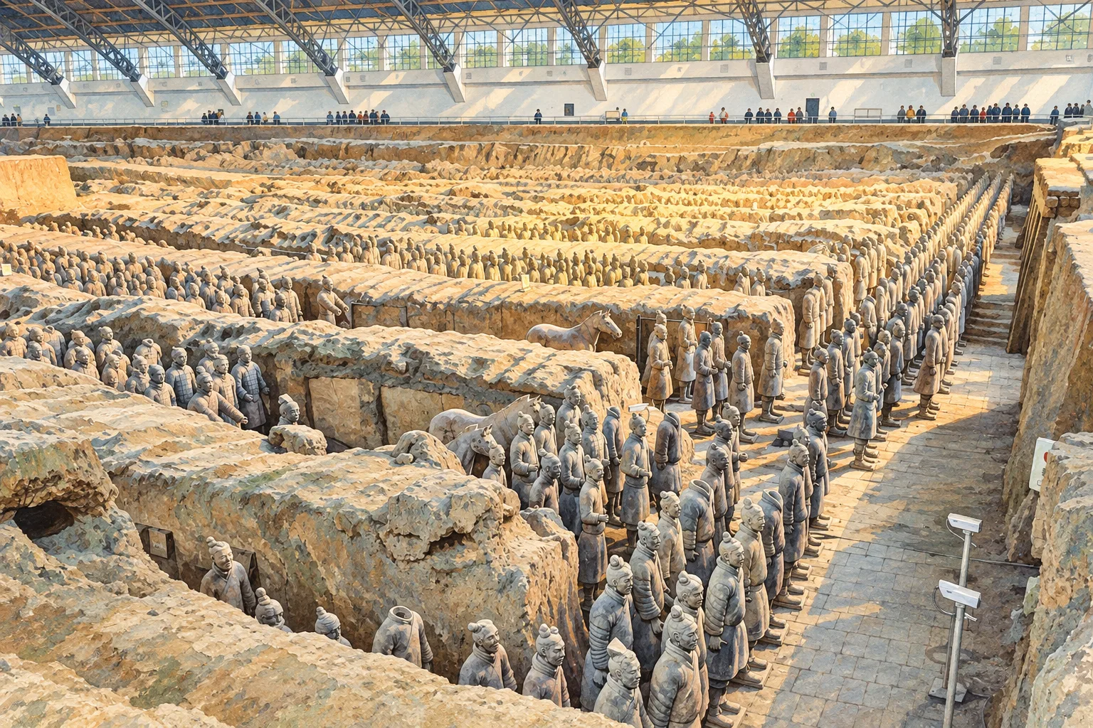 Rows of terracotta warriors standing in an excavation hall in Xi’an.